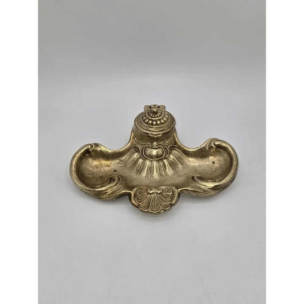 Rococo Revival Brass Inkwell Ornate Shell Scroll Hinged Lid